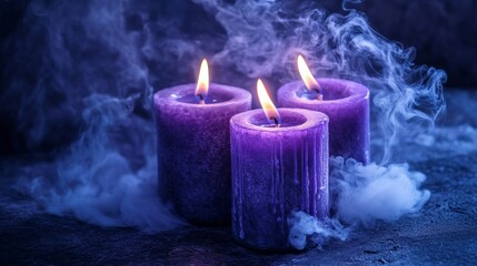 Poster - Three purple candles burning and dripping with smoke around on dark background