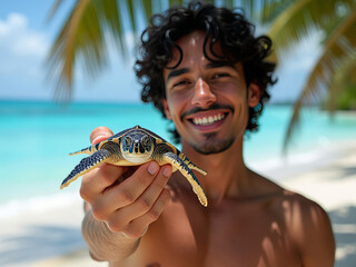 A trip to Thailand.
Thai guy close up on ocean beach with  
palm leaves holds turtle in his hands.
Summer vacation. Interesting photo of trip 
to tropical country.