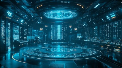 Futuristic Sci Fi Server Room Interior with Holographic Display and Blue Neon Lights