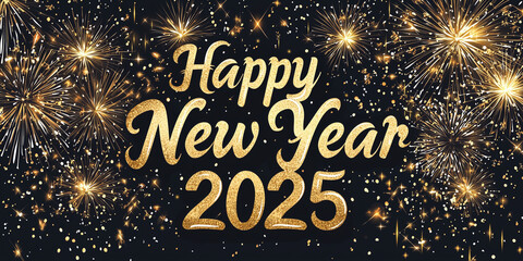 Happy New Year 2025 greeting card with golden glittering text on black background	
