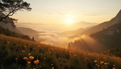 Wall Mural -  Sunset over a mountainous landscape with a field of wildflowers