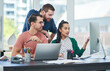 © peopleimages.com - Meeting, computer and business people in creative office for planning, feedback or review for website development. Design team, technology and group in discussion for proposal with collaboration.