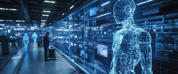 Poster - Futuristic digital human hologram displayed on a large screen in a technological space.