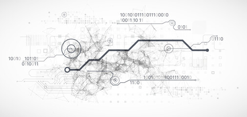 Abstract background on technological and scientific topics. Plexus effect with various techno details. Hand drawn vector.