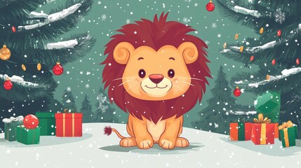 Cute cartoon lion Christmas greeting card in 2D style