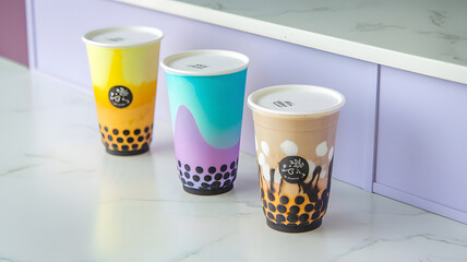 Natural layered fruit juice cups with lid, set on a marble surface. The cups display bright and vibrant colors, each one showing a unique gradient with bubbles or balls resembling fruit or chocolate.