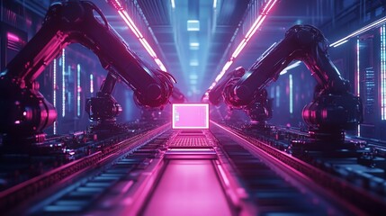 Poster - Futuristic factory with robotic arms and neon lights.