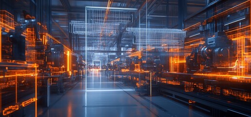 Fototapete - Futuristic industrial interior with glowing orange and blue lines.