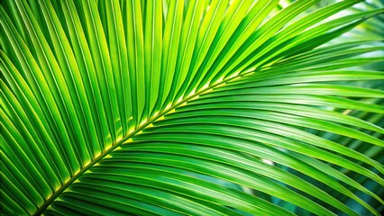 Extreme close-up of green tropical palm leaves on palm frond of tropic plant