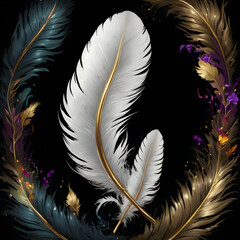 A vivid digital artwork featuring a metallic white feather, intricately decorated with colorful flowers and shimmering gold embellishments. Set against a deep, mysterious background, the feather’s bea