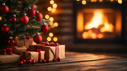 Christmas and New year background with empty dark wooden deck table over christmas tree and blurred light bokeh. Empty display for product montage. Rustic vintage Xmas background.
