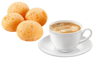 Wall Mural - xícara com café expresso cremoso acompanhado de porção de pão de queijo isolado em fundo transparente