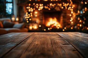 Christmas and New year background with empty dark wooden deck table over christmas tree and blurred light bokeh. Empty display for product montage. Rustic vintage Xmas background.
