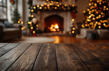 Christmas and New year background with empty dark wooden deck table over christmas tree and blurred light bokeh. Empty display for product montage. Rustic vintage Xmas background.
