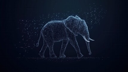 Wall Mural - Elephant isolated from low poly wireframe on dark background. Vector polygonal image in the form of a starry sky or space, consisting of points, lines, and shapes in the form of stars and the universe