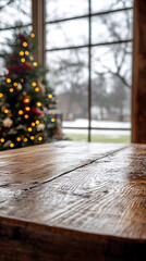 Christmas and New year background with empty dark wooden deck table over christmas tree and blurred light bokeh. Empty display for product montage. Rustic vintage Xmas background.
