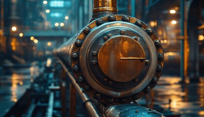 Detailed view of a copper heating pipeline in an industrial room setting