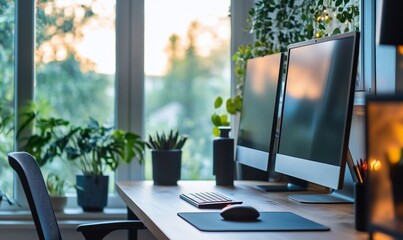 Modern home office desk with two monitors, keyboard, mouse, potted plants and a window with a view of nature.