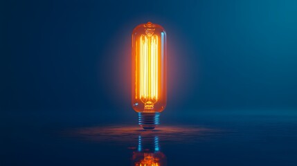 Wall Mural - Glowing vintage light bulb with visible filament against deep blue background, warm orange light creating contrast, reflective surface below, dramatic lighting