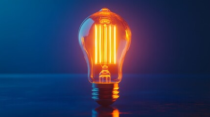 Glowing vintage light bulb with visible filament against deep blue background, warm orange light creating contrast, reflective surface below, dramatic lighting