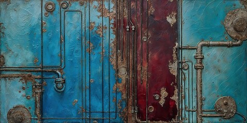 Wall Mural - Abstract Industrial Wall with Blue, Red and Silver