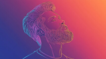 Colorful gradient line illustration of a cartoon man with a beard