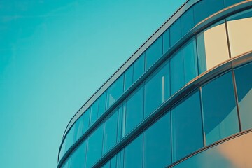 Wall Mural - Modern building with curved glass facade reflecting sky. Contemporary architectural design against a clear blue backdrop with generative ai