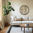 © Michael - Minimalist cozy home interior design of a modern living room with beige sofa ans a fig plant, mockup  frame concept