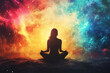 © Vovmar - Silhouette of a woman sitting in lotus position in front of the vast universe. Mental health concept. Generated by artificial intelligence