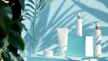 Wall Mural - White box with three bottles of lotion and a tube of lip balm. The bottles are arranged on top of a white box