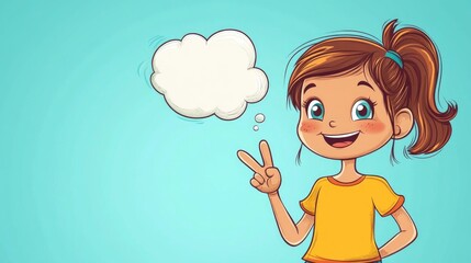 Happy cartoon girl making a follow gesture with a thought bubble