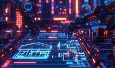 Fototapete - Two robotic arms interact with a digital blueprint of a house on a circuit board, highlighting the concept of smart home technology and automation.