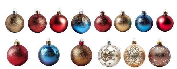 Wall Mural - Collection of Christmas balls with a beautiful bow and a golden pattern. Christmas design element isolated on white or transparent background