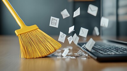 A broom sweeping away old files from a computer desktop