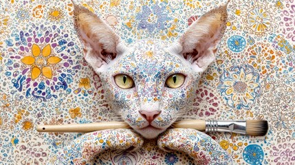 A Sphynx cat with a paintbrush in its paws, against a background of colorful patterns.