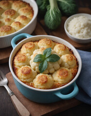 Cauliflower gratin (Gratin de chou-fleur) is a traditional french dish made with bechamel and cheese. Bowl of rice in the background. Produced with Generative AI.