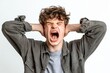 © Maryna - Portrait of a Young Man Reacting Emotionally to a Slap with Closed Eyes on White Background