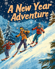 new year adventure in a snowy mountain landscape, winter sports and nature. you can print it in 8 x 10 inches for a small poster or in a smaller size for a card without losing quality.