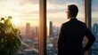© Najikung - Businessman contemplating success by the window during sunset over the city skyline.