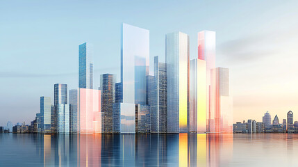 Wall Mural - Modern city business centre at sunset, office and residential area by the water