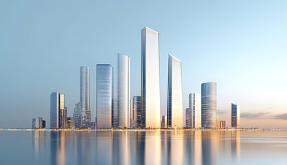 Wall Mural - Modern city business centre at sunset, office and residential area by the water