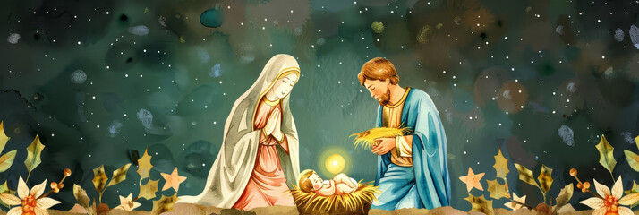 Christmas nativity scene with Mary, Joseph, and baby Jesus, a watercolor illustration capturing the holy night