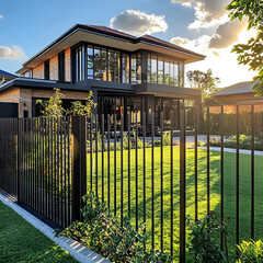 Modern suburban house with a lush green lawn and stylish fence in the evening light