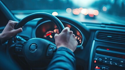 A close-up of a driver's hand on the steering wheel while adjusting the radio, multitasking while cruising down the highway.