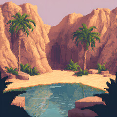 dessert landscape, there is oasis, puddle, pixel,