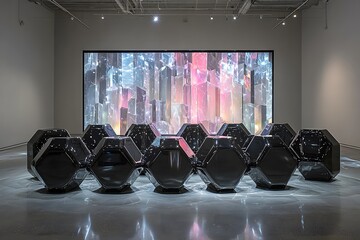 Modern art installation featuring geometric sculptures and vibrant light display in gallery