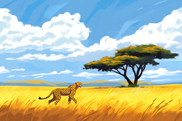 Wall Mural - A cheetah strides gracefully through the expansive savannah, with a distinctive acacia tree and rolling hills in the background