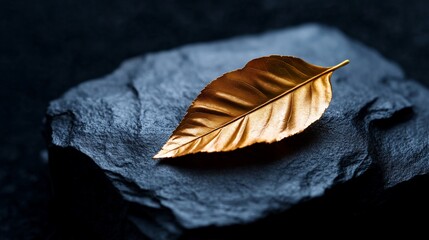 Poster - A single golden leaf rests on a black stone, creating a striking visual contrast.