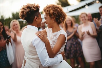 Wall Mural - Dancing newlywed outdoors hugging.