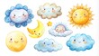 © Artfinity - Set of cute watercolor clouds and suns with a smiling moon, and weather concept. Adorable watercolor artwork featuring a set of fluffy clouds and glowing suns, all with endearing smiles